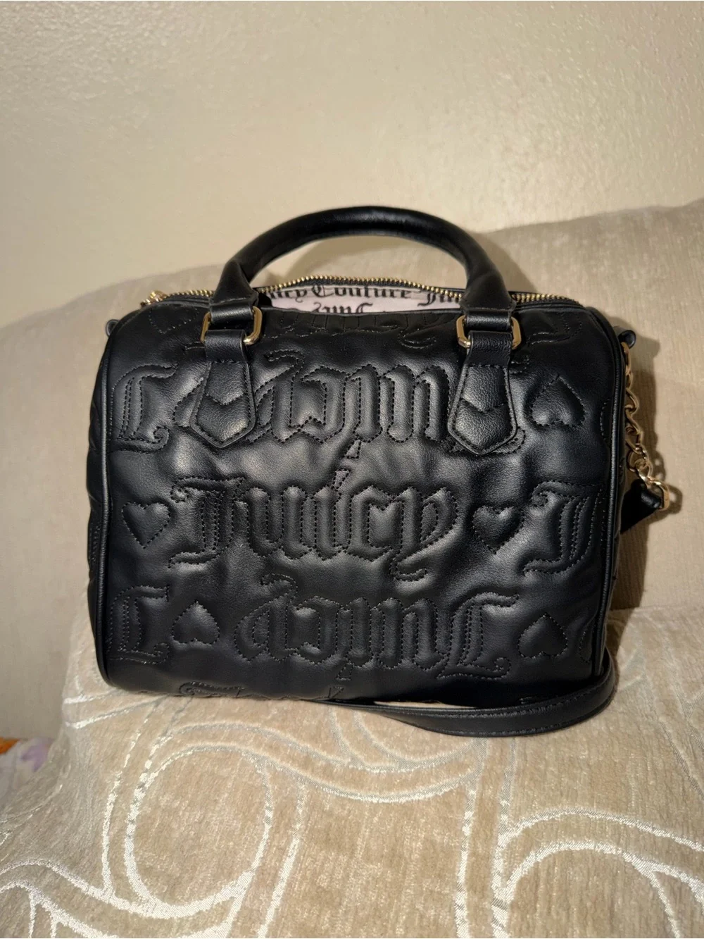 Juicy Couture Black Quilted Logo Satchel with Heart Charm
